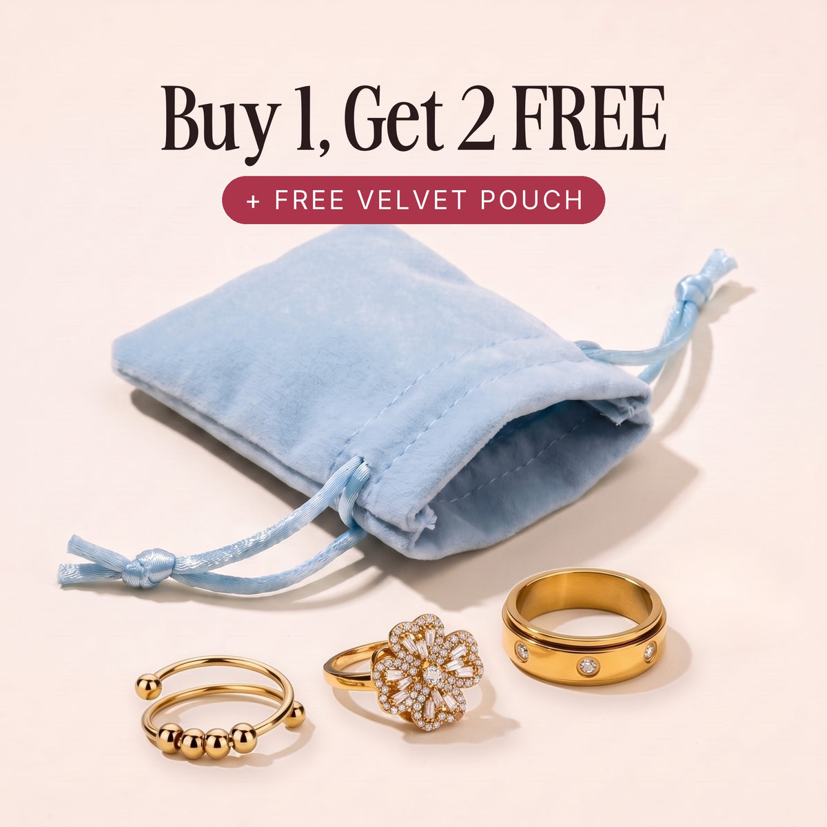 Buy 1, Get 2 FREE spinner rings with a free velvet pouch